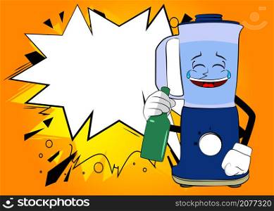 Food Blender holding a bottle as a cartoon character with face. Electric kitchen equipment for food processing.