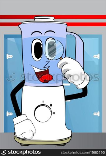 Food Blender holding a magnifying glass as a cartoon character with face. Electric kitchen equipment for food processing.