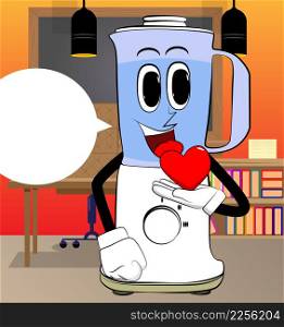 Food Blender holding red heart in his hand as a cartoon character with face. Electric kitchen equipment for food processing.