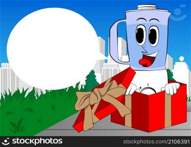 Food Blender in a gift box as a cartoon character with face. Electric kitchen equipment for food processing.