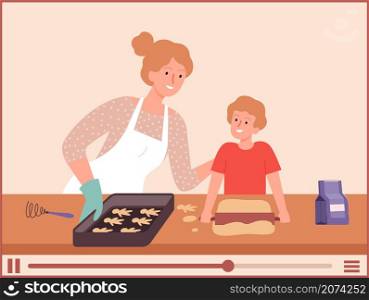 Food bloggers. Mother and son cooking, vlog about bake process. Family culinary, video tutorials vector illustration. Woman cooking at kitchen, parent and child. Food bloggers. Mother and son cooking, vlog about bake process. Family culinary, video tutorials vector illustration