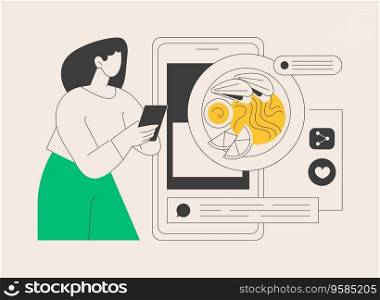 Food blogging abstract concept vector illustration. Food hunter review, appetizing photos, social media, attract followers, blog post, online cooking, streaming, street food abstract metaphor.. Food blogging abstract concept vector illustration.