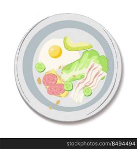 Food Breakfast set. Plate with fried Egg, tomato, salad, sausage, croissant, olives, cheese, coffee mug, orange. Top view mornimg meal. Vector illustration