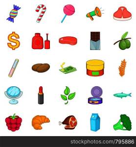 Food business icons set. Cartoon set of 25 food business vector icons for web isolated on white background. Food business icons set, cartoon style