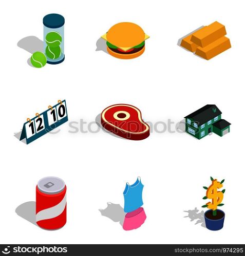 Food business icons set. Isometric set of 9 food business vector icons for web isolated on white background. Food business icons set, isometric style