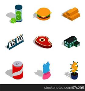 Food business icons set. Isometric set of 9 food business vector icons for web isolated on white background. Food business icons set, isometric style