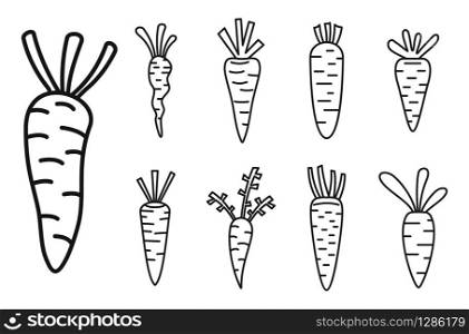 Food carrot icons set. Outline set of food carrot vector icons for web design isolated on white background. Food carrot icons set, outline style
