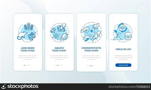 Food chain onboarding mobile app page screen with concepts. Land based, aquatic ecosystems walkthrough 4 steps graphic instructions. UI vector template with RGB color illustrations