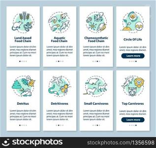 Food chains onboarding mobile app page screen with concepts set. Biological process. Ecosystem walkthrough 4 steps graphic instructions. UI vector template with RGB color illustrations