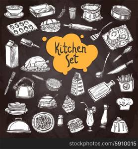 Food chalkboard set with hand drawn kitchen equipment on chalkboard isolated vector illustration. Food Chalkboard Set