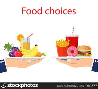 Food choice. Healthy and junk eating. A man is holding a tray organic products and fast food. Diet decision concept and nutrition. Vector illustration in flat style. Food choice. Healthy and junk eating.