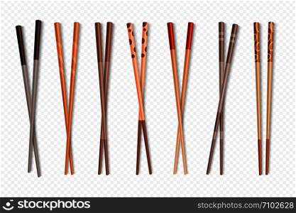 Food chopsticks. Asian bamboo sushi sticks for Chinese and Japanese food, traditional cutlery isolated set. Vector different closeup chop sticks. Food chopsticks. Asian bamboo sushi sticks for Chinese and Japanese food, traditional cutlery isolated set. Vector chop sticks