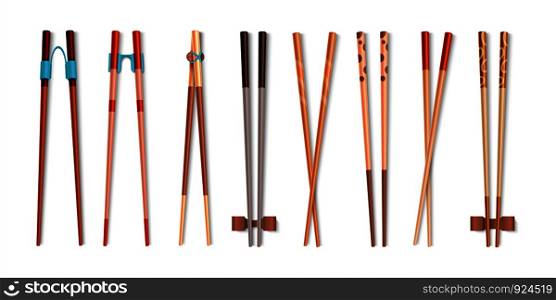 Food chopsticks. Realistic 3D bamboo sticks for Asian food, traditional Chinese and Japanese cutlery. Vector isolated wood colorful utensils set in traditions of east. Food chopsticks. Realistic 3D bamboo sticks for Asian food, traditional Chinese and Japanese cutlery. Vector isolated set