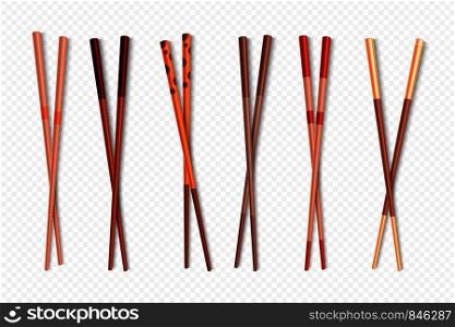 Food Chopsticks. Wooden Chinese sticks for Asian dishes, different types of colorful bamboo food sticks. Vector oriental utensils closeup isolated set. Food Chopsticks. Wooden Chinese sticks for Asian dishes, different types of colorful bamboo food sticks. Vector isolated set