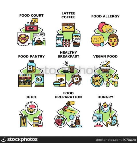 Food coffee cup, court cafeteria, breakfast food, allergy, preparation cook, stomach, yellow liquid, pantry box, healthy nutrition set vector concept color illustration. Food icon vector illustration