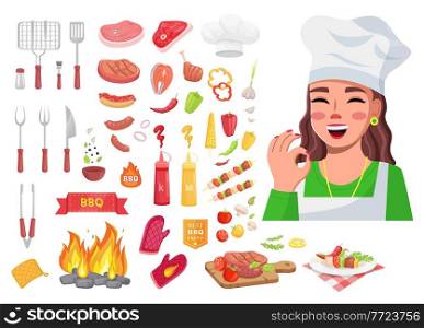 Food collection, cook woman show okay gesture, good delicious yummy meal, tools for kitchen, sorts of meat, vegetables pieces, sauces, cooking grill bbq with campfire, prepared dish, cartoon icons. Food collection, cook woman show okay gesture, good delicious yummy meal, tools for kitchen