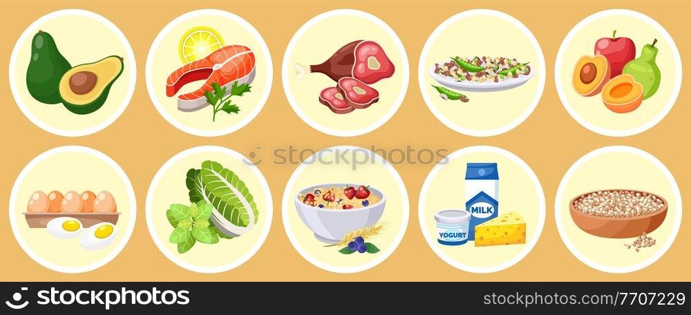 Food collection isolated in circles, healthy meal with vitamins and nutrition, diet food, avocado, salmon, red meat, legumes and beans, fruits, eggs, chinese cabbage, oatmeal, dairy products, quinoa. Food collection isolated in circles, healthy meal with vitamins and nutrition, diet food, menu