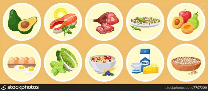 Food collection isolated in circles, healthy meal with vitamins and nutrition, diet food, avocado, salmon, red meat, legumes and beans, fruits, eggs, chinese cabbage, oatmeal, dairy products, quinoa. Food collection isolated in circles, healthy meal with vitamins and nutrition, diet food, menu