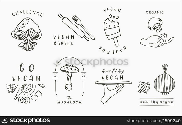 food collection with hand,mushroom,ice cream,watermelon.Vector illustration for icon,sticker,printable and tattoo