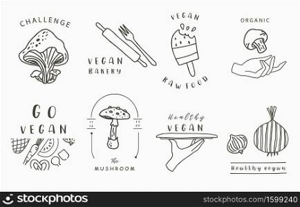 food collection with hand,mushroom,ice cream,watermelon.Vector illustration for icon,sticker,printable and tattoo