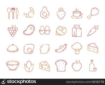 Food colored icon. Bread fish fruits vegetables menu items and kitchen tools for preparing vector thin line symbols. Illustration of bread and fruit, scrambled eggs and lemon. Food colored icon. Bread fish fruits vegetables menu items and kitchen tools for preparing vector thin line symbols
