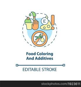 Food coloring and additives concept icon. ADHD diet abstract idea thin line illustration. Increasing hyperactive behavior risk. Drinks with dyes. Vector isolated outline color drawing. Editable stroke. Food coloring and additives concept icon