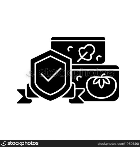 Food contact tests black glyph icon. Ensure safe product storage. Nutritions contamination prevention. Packaging and materials testing. Silhouette symbol on white space. Vector isolated illustration. Food contact tests black glyph icon