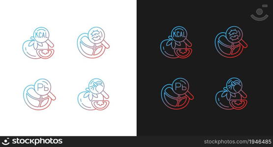 Food contaminant testing gradient icons set for dark and light mode. Heavy metals and pesticide. Thin line contour symbols bundle. Isolated vector outline illustrations collection on black and white. Food contaminant testing gradient icons set for dark and light mode