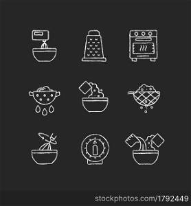 Food cooking instruction chalk white icons set on dark background. Beat ingredient in bowl. Grate for cutting. Meal preparation process. Isolated vector chalkboard illustrations on black. Food cooking instruction chalk white icons set on dark background