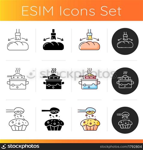 Food cooking instruction icons set. Greasing bread loaf with oil for baking. Steaming lunch. Sprinkle topping on cupcake. Linear, black and RGB color styles. Isolated vector illustrations. Food cooking instruction icons set