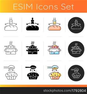 Food cooking instruction icons set. Greasing bread loaf with oil for baking. Steaming lunch. Sprinkle topping on cupcake. Linear, black and RGB color styles. Isolated vector illustrations. Food cooking instruction icons set