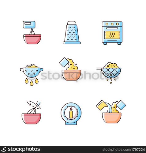 Food cooking instruction RGB color icons set. Beat ingredient in bowl. Grate for cutting. Meal preparation process. Isolated vector illustrations. Simple filled line drawings collection. Food cooking instruction RGB color icons set