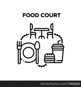 Food Court Cafe Vector Icon Concept. Food Court Table With Chairs For Eating Delicious Nutrition Burger And Drink Beverage. Kitchen Utensil Plate, Fork And Spoon Black Illustration. Food Court Cafe Vector Black Illustrations