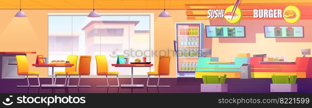 Food court cafe with sushi bar and burger area. Empty interior with served tables, cashier desk, refrigerator, cafeteria, fastfood restaurant with skyscrapers city view, Cartoon vector illustration. Food court cafe with sushi bar and burger area