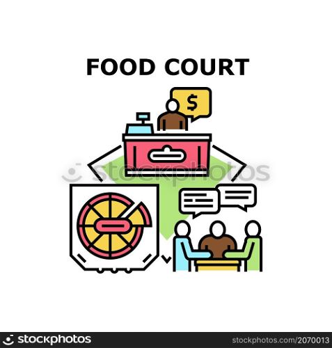 Food court cafeteria. Reastaurant mall. Eat people. Cafe interior. Meal canteen. Business fast dinner. Shop breakfast vector concept color illustration. Food court icon vector illustration