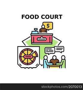 Food court cafeteria. Reastaurant mall. Eat people. Cafe interior. Meal canteen. Business fast dinner. Shop breakfast vector concept color illustration. Food court icon vector illustration