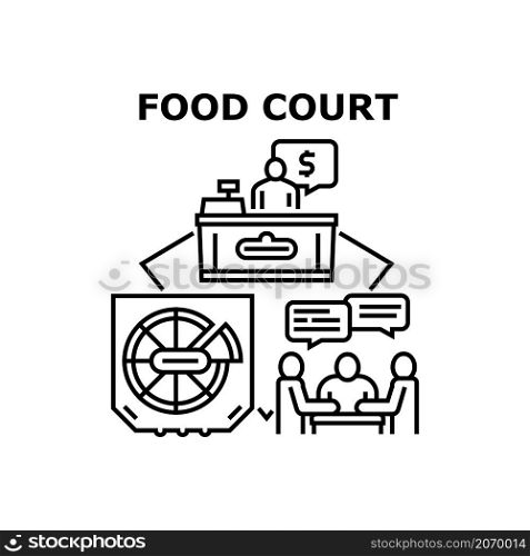 Food court cafeteria. Reastaurant mall. Eat people. Cafe interior. Meal canteen. Business fast dinner. Shop breakfast vector concept black illustration. Food court icon vector illustration