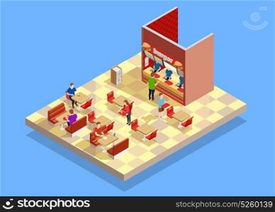 Food Court Counter Area Isometric Composition . Food court interior counter area elements with vendor customers buying and eating at tables isometric vector illustration