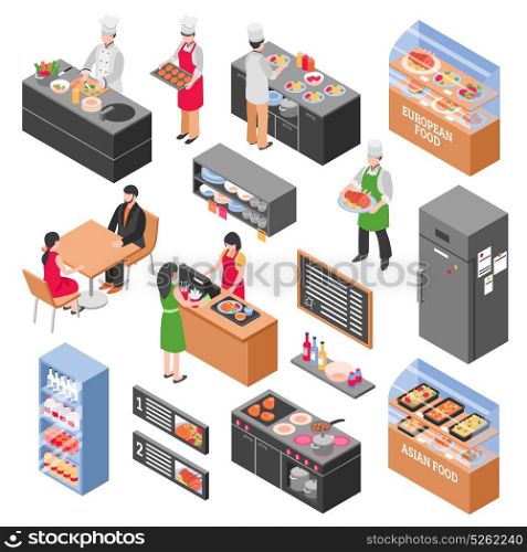 Food Court Elements Set. Isometric restaurant icons set with isolated constructor elements of food court furniture fridges counters with people vector illustration