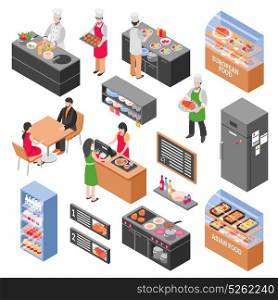 Food Court Elements Set. Isometric restaurant icons set with isolated constructor elements of food court furniture fridges counters with people vector illustration