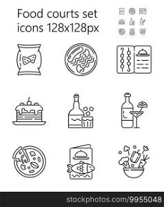 Food court icon set vector. Pizza, alcohol, drinks are shown. Grill, fish, seafood menu. Snacks, salad, torts are presented in outline style.. Food court icon set vector. Pizza, alcohol, drinks are shown. Grill, fish, seafood menu. Snacks, salad, torts are presented in outline
