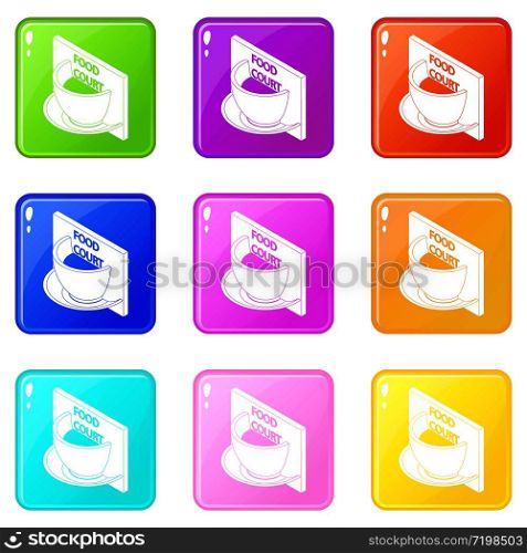 Food court icons set 9 color collection isolated on white for any design. Food court icons set 9 color collection