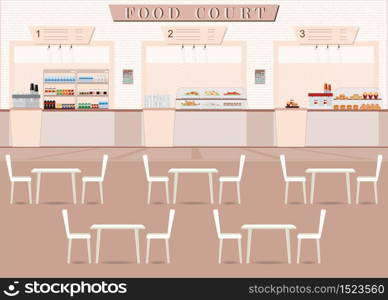 Food court in a shopping mall with food, table and chair , flat design vector illustration.