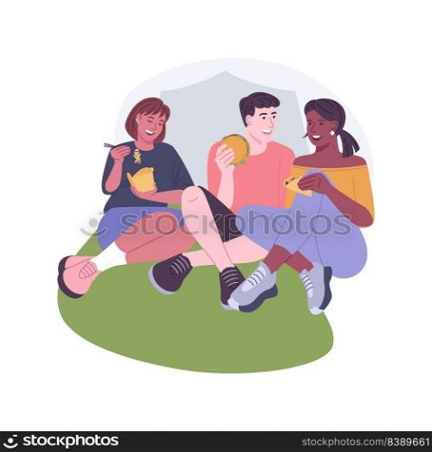 Food court isolated cartoon vector illustrations. Group of friends snacking during urban festival, eating food and watχng open air concert, relax weekend, delicious sweets vector cartoon.. Food court isolated cartoon vector illustrations.