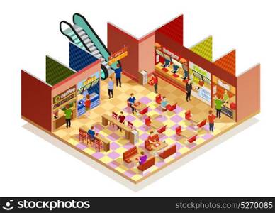 Food Court Isometric Composition. Food court interior with many visitors isometric composition on white backgrpund vector illustration