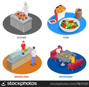 Food court isometric set of four round compositions representing different cafe areas with people and meal vector illustration