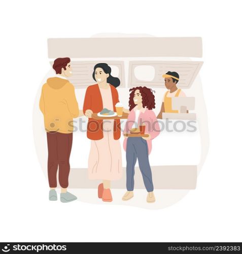 Food court lineup isolated cartoon vector illustration People waiting in line with trays, shopping mall food court, lunchtime, family spending weekend in commercial center vector cartoon.. Food court lineup isolated cartoon vector illustration