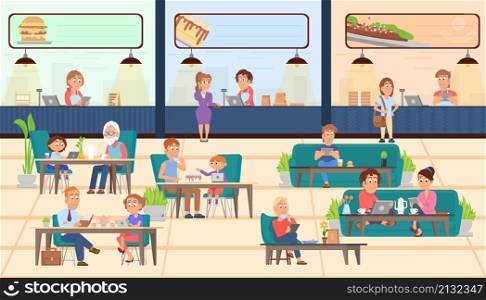 Food court. Restaurants, coffee buffet. People eat at table. Service in shopping mall, away food or canteen. Person eating and work vector scene. Illustration of cafeteria inside, buffet and canteen. Food court. Restaurants, coffee buffet. People eat snacks at table. Service in shopping mall, take away food or canteen. Person eating and work decent vector scene