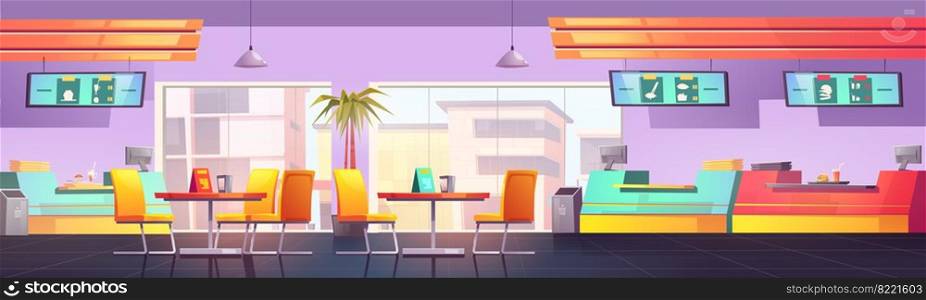 Food court with cafe and restaurants, canteen with counters, tables and chairs. Vector cartoon interior of empty cafeteria in shopping mall with fast food and lunches. Food court with cafe and restaurants, canteen