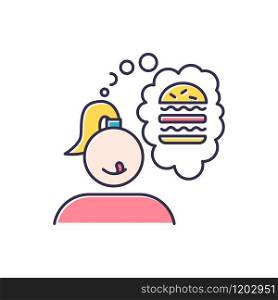 Food craving color icon. Girl thinking of burger. Thought of sandwich. Fast food snack. Delicious treat. Unhealthy diet. Appetite and temptation. Cheeseburger, hamburger. Isolated vector illustration